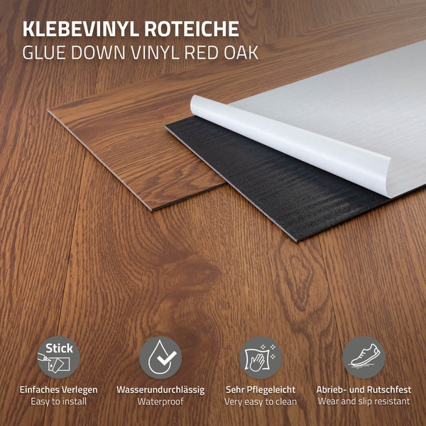ML-Design Deluxe PVC Bodenbelag, Selbstklebende Vinyl-Dielen, Vinylboden, 91,5 cm x 15,3 cm x 2 mm, Dicke 2mm, 11,15m²/80 Dielen, Roteiche, Braun, Holzoptik, rutschfest, wasserfest, Einfache Verlegung
