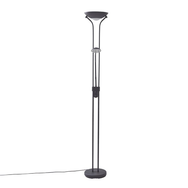 Moderner schwarzer Deckenfluter aus Metall mit integrierter, verstellbarer Leseleuchte und rundem Standfuß.