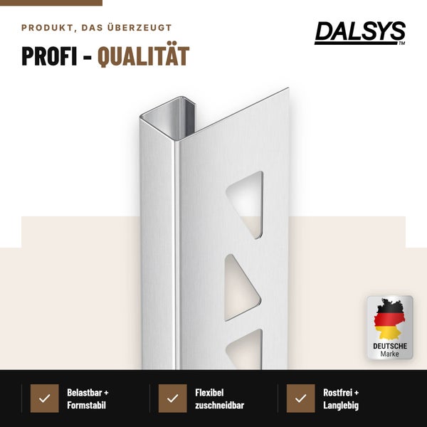 Dalsys Fliesenprofil aus Metall zur Kantenabdeckung, rostfrei und stabil, ideal für den Fliesenschutz im Innenbereich.