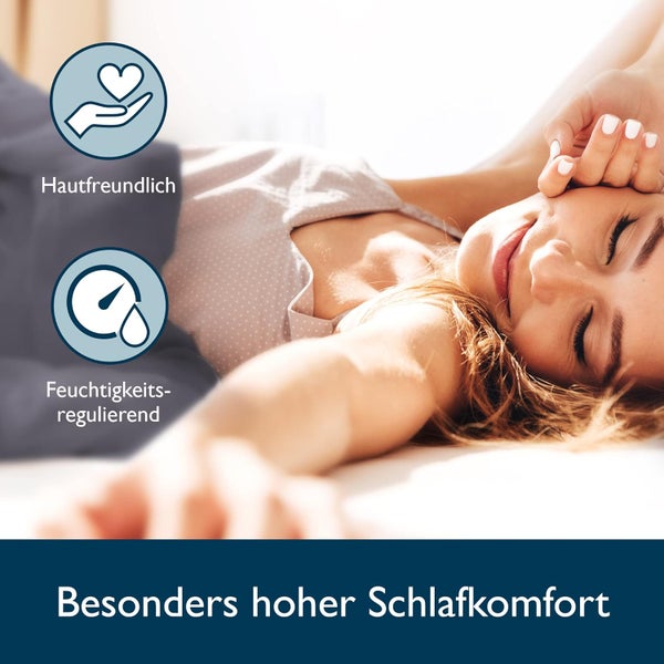 Symbole für hautfreundlich und feuchtigkeitsregulierend für besonders hohen Schlafkomfort.
