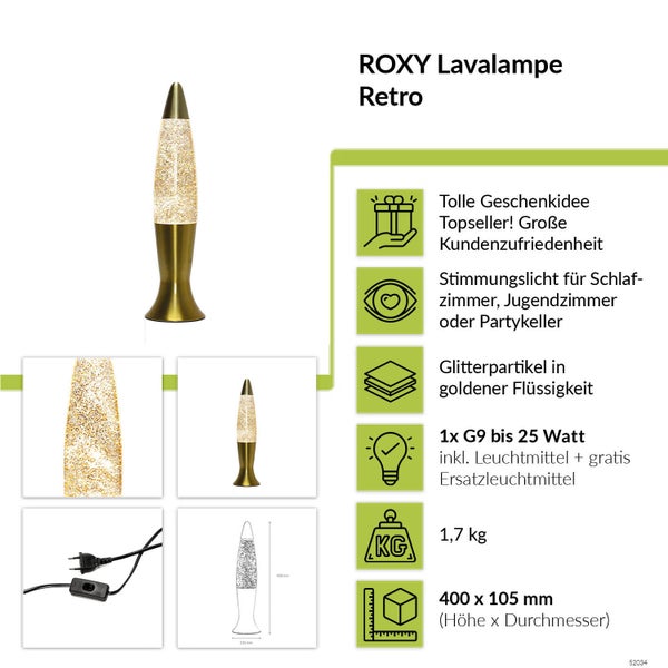 Roxy Lavalampe im Retro Design mit goldenen Glitzerpartikeln