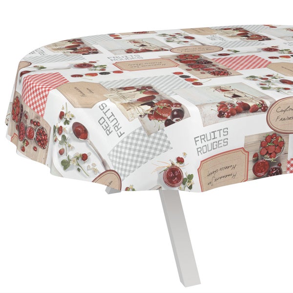 Rundes Tischtuch mit Collagen-Muster aus roten Früchten, Beeren und Karomustern.
