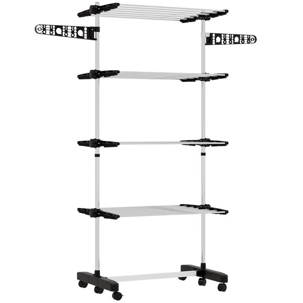 HOMCOM Wäscheständer mit Rollen Wäschetrockner Turm, Standtrockner mit Klappbarem Flügel, Wäscheturm für Indoor, Outdoor, Stahl 142 x 55 x 172 cm, Schwarz