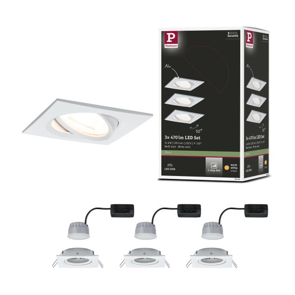 LED Einbauleuchte 3-Step-Dim Nova Coin 3-Step-Dim Basisset schwenkbar eckig 84x84 mm 50° Coin 3x6W 3x470lm 230V dimmbar 2700K Weiß matt