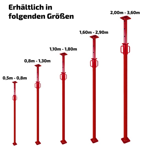 Baustütze, Deckenstütze GBM Italia 2,0-3,6m – höhenverstellbare Montagestütze, Stahlstütze mit Sicherheitshaken, bis 1.600 kg Tragkraft