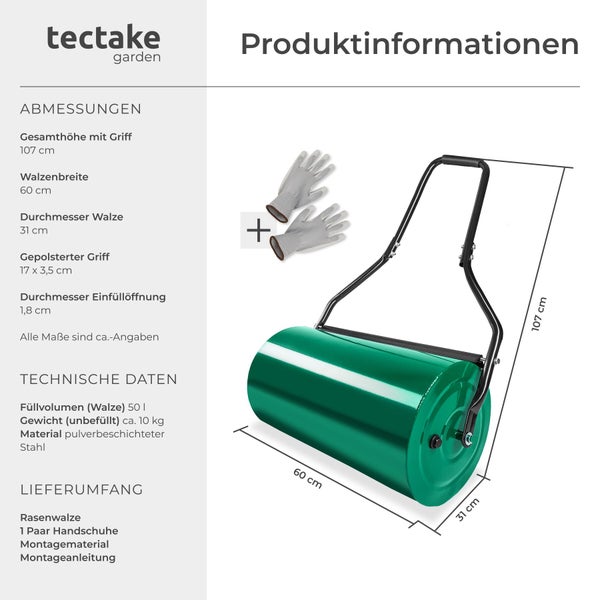 Tectake Garten Rasenwalze mit Stahlwalze und Arbeitshandschuhen inklusive technischer Produktdaten und Maßangaben.