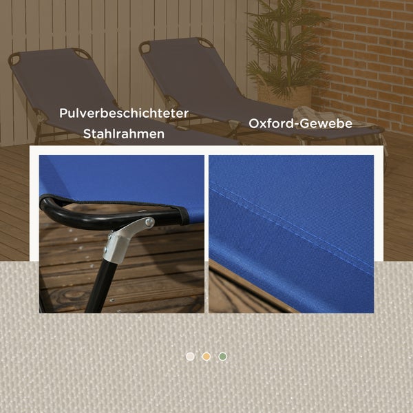 Detailaufnahme einer Gartenliege mit pulverbeschichtetem Stahlrahmen und Oxford-Gewebe.