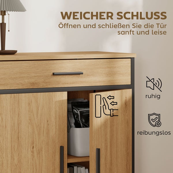 Sideboard in Eichenoptik mit schwarzem Metallrahmen und Soft-Close-Funktion für sanftes und leises Schließen der Türen.