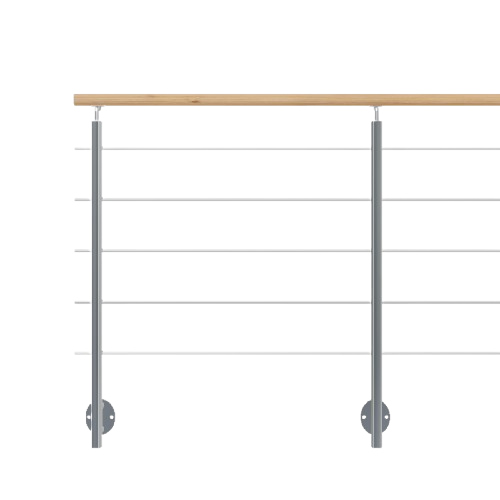 Geländer mit Holzhandlauf und Drahtseilen
