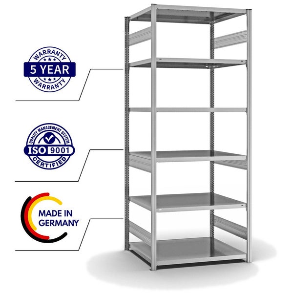 PROREGAL Fachbodenregal Stecksystem T-Profil Heavy-Duty Grundregal HxBxT 250 x 100 x 80 cm 6 Ebenen Fachlast 330 kg Beidseitig Nutzbar Verzinkt