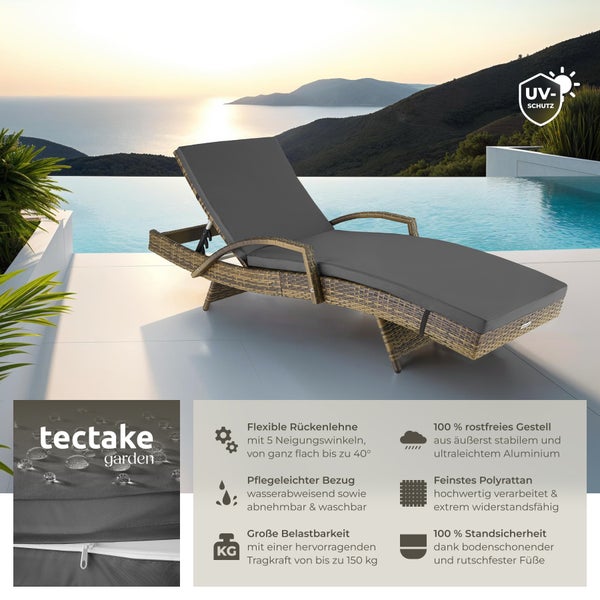 Rattan Sonnenliege tectake Océane 190 x 71 x 34 – 74,5 cm mit Aluminiumgestell natur