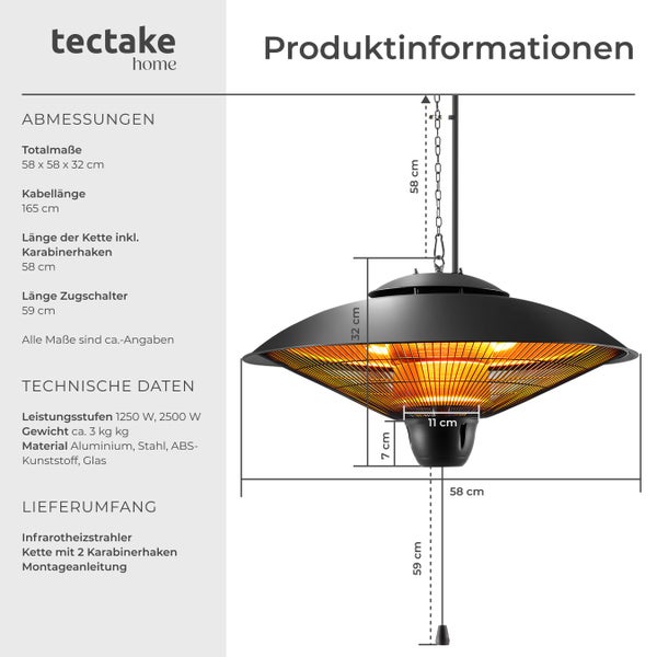Produktinformationen für einen Infrarotheizstrahler mit Angaben zu Abmessungen, technischen Daten und Lieferumfang.