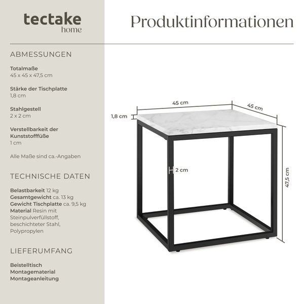 Tectake Home Beistelltisch in Marmoroptik mit schwarzem Stahlrahmen, Maße circa 45 mal 45 mal 47,5 Zentimeter.