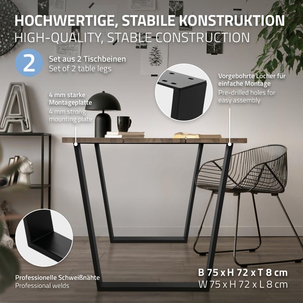 ML-Design 2er Set Tischbeine Trapez 75x72 cm, V-Form, Schwarz, Profil 8x2 cm, Stahl pulverbeschichtet, geneigt, Industriedesign, Metall Tischgestell Esstisch Tischkufen Tischuntergestell Möbelfüße