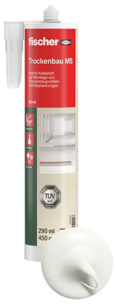 Weißer fischer Trockenbau MS Hybrid-Klebstoff für Trockenbauprofile, 290 ml Kartusche mit Düse, fischer Logo und TÜV SÜD-Prüfsiegel.