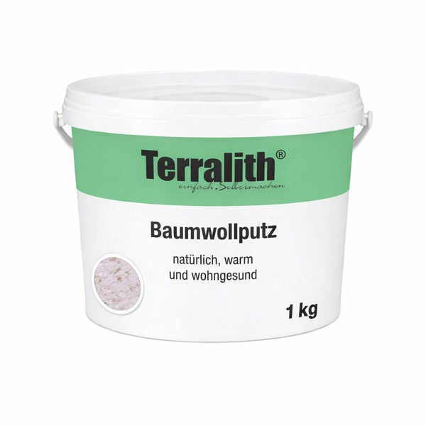 Terralith Baumwollputz im 1 Kilogramm Eimer zur natürlichen Wandgestaltung.