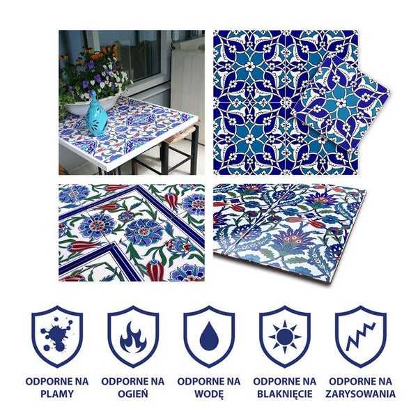 Fliesen mit orientalischem Muster und Eigenschaften wie Fleckenbeständigkeit, Feuerbeständigkeit, Wasserbeständigkeit, Lichtbeständigkeit und Kratzfestigkeit.