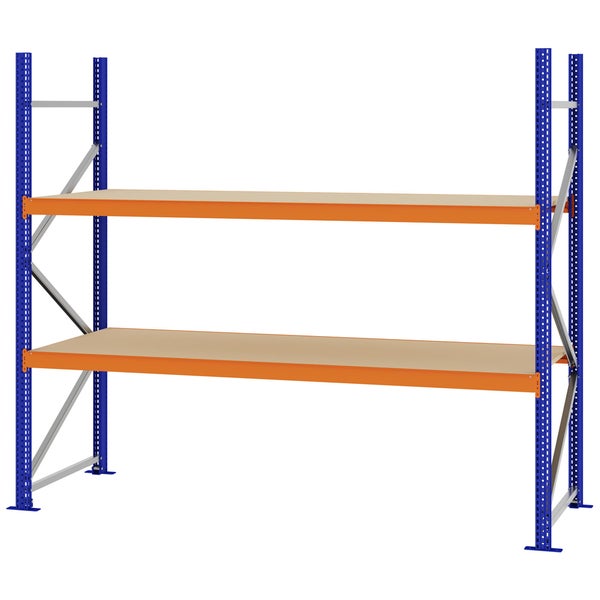 Weitspannregal mit zwei Holzböden, blauen Rahmen und orangen Traversen für Werkstatt und Lager.