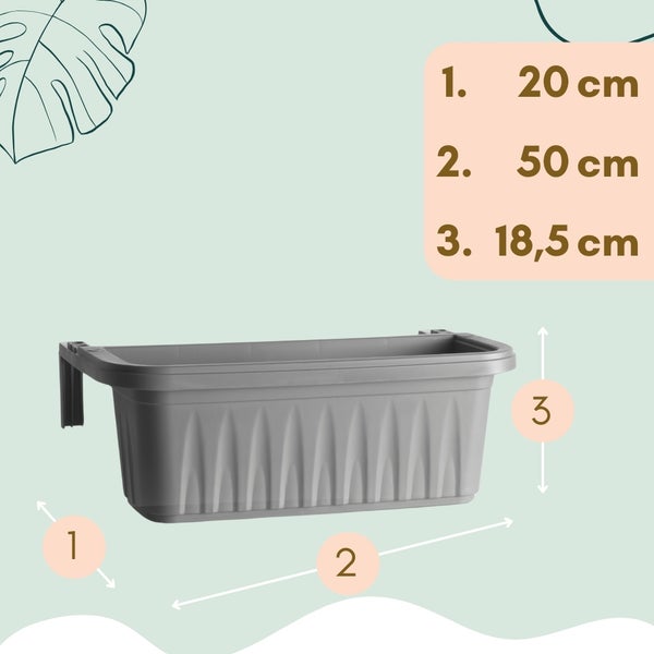 Grauer Balkonkasten mit den Maßen 20 cm Tiefe, 50 cm Breite und 18,5 cm Höhe