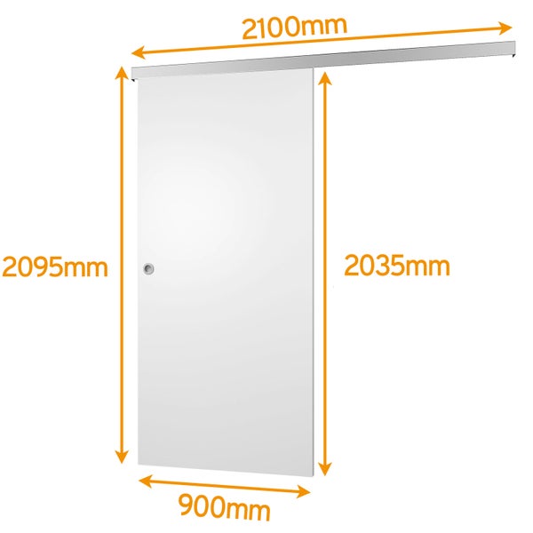 Schiebetür mit Abmessungen: 2100 mm Länge, 2095 mm Höhe, 900 mm Breite und 2035 mm Höhe.