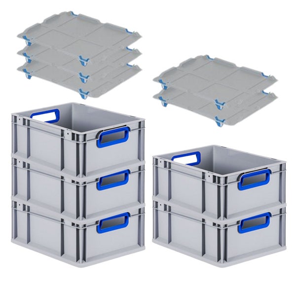 PROREGAL Spar Set 5x Eurobox Nextgen Color Mit Auflagedeckel & Schiebeschnappverschlüsse HxBxT 17 x 30 x 40 cm Griffe Blau Offen Glatter Boden