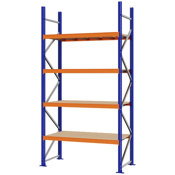 Schwerlastregal mit vier Holzböden, blauem Stahlrahmen und orangefarbenen Traversen.