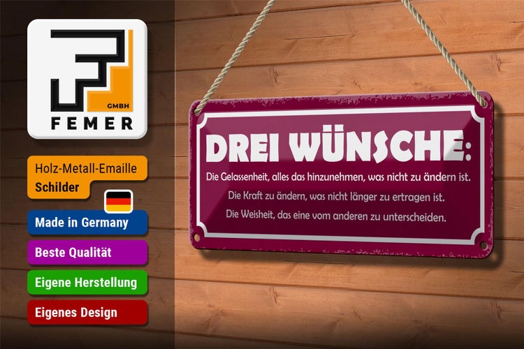 Blechschild Spruch 27x10cm Drei Wünsche Gelassenheit Kraft Dekoration