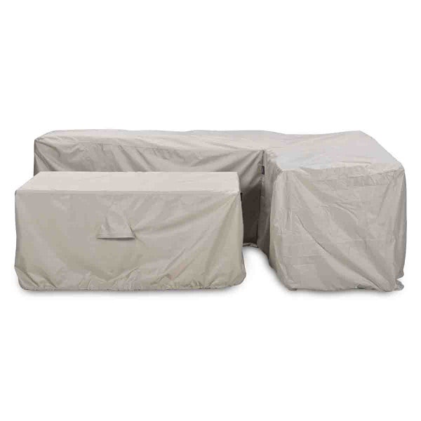 Schutzhüllenset für Gartenmöbel bestehend aus einer Abdeckung für eine Ecklounge und eine Abdeckung für einen Tisch.