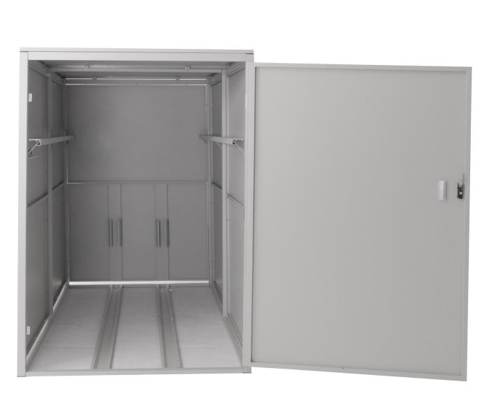 Geöffnete Metall Fahrradgarage mit Regalböden