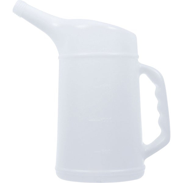 Weißer Kunststoff-Messbecher mit Ausgießer, Griff und Skalierung.
