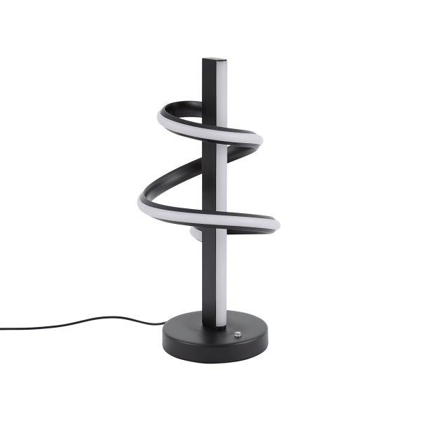 Moderne LED-Tischleuchte mit schwarzem Stab und weißem, spiralförmigem Lichtelement auf rundem Standfuß.