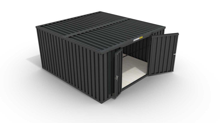 Lagercontainer Gerätehaus M2  – 12 qm, H2150 x B3050 x T4340 mm, Außenwandlackierung anthrazit, Dach außen verzinkt, mit Holzfußboden, 1830 mm Doppelflügeltür mittig in Stirnseite, montiert