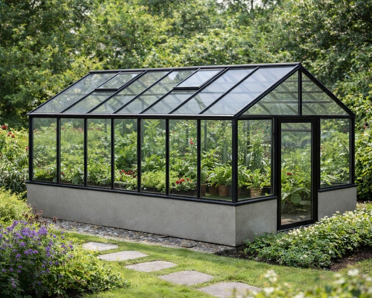 Freistehendes Gewächshaus mit schwarzem Rahmen auf einem grauen Sockel, Glaswänden und Dachfenstern in einem gepflegten Garten.