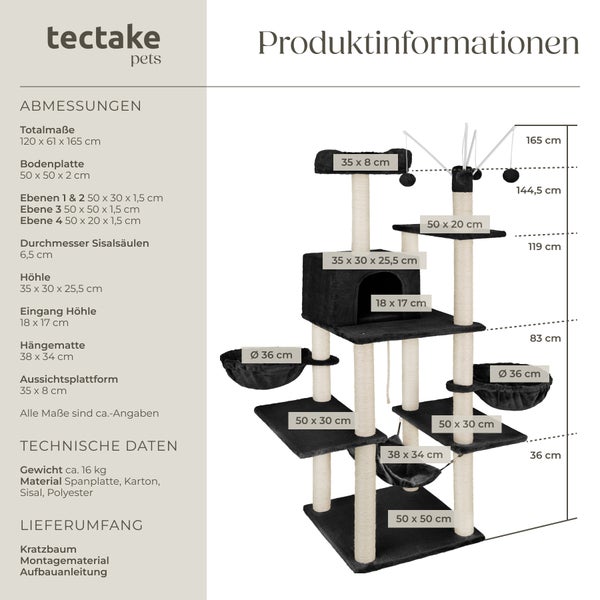 Kratzbaum tectake Lilou inklusive 4 Spielbällen, Kordel und Kippschutz 165 cm schwarz