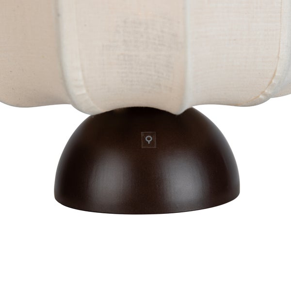 Tischleuchte mit dunkelbraunem Metallfuß, Touch-Funktion und hellem Stoffschirm.