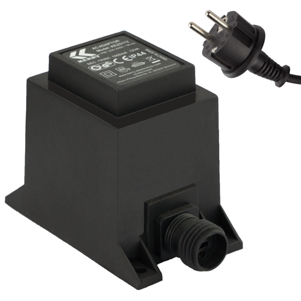 Schwarzer Netzadapter von Kerry Electronics mit 12 Volt Wechselstrom, 12 Voltampere und Spritzwasserschutz, inklusive Netzstecker.