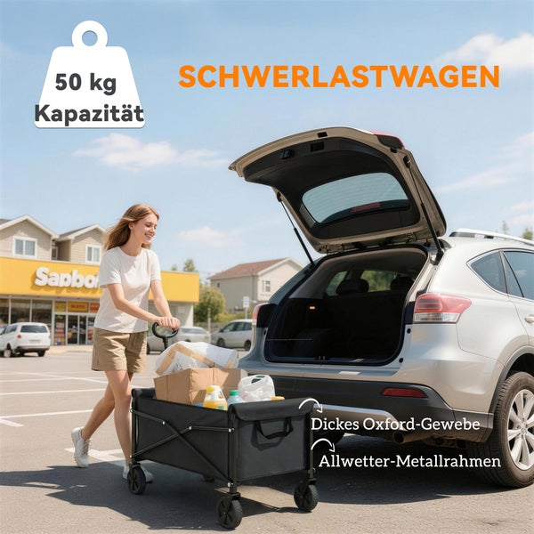Eine Frau zieht einen faltbaren Schwerlastwagen aus Oxford Gewebe mit Metallrahmen und fünfzig Kilogramm Kapazität zum beladenen Auto auf Parkplatz.