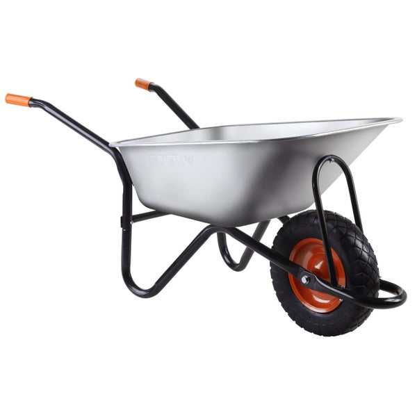 FUXTEC Schubkarre mit verzinkter Mulde, schwarzem Gestell, orangen Griffen und FUXTEC Logo.