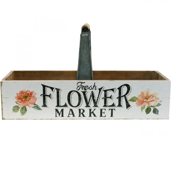 Dekorative Holzkiste mit der Aufschrift Frisch Flower Market und Metallgriff