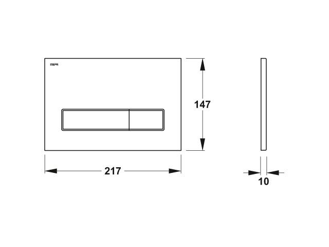 Technische Zeichnung MEPA Betätigungsplatte: 217 Millimeter Breite, 147 Millimeter Höhe, 10 Millimeter Tiefe. MEPA Logo.
