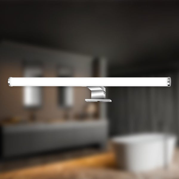 LED Badezimmerleuchte zur Montage auf Spiegeln, lineare Röhrenform aus Metall und Kunststoff in einem modernen, hellen Badezimmer.