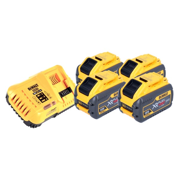 Dewalt Akku Schnellladegerät und vier Flexvolt Lithium Ionen Akkus mit 18 Volt und 12 Amperestunden Kapazität