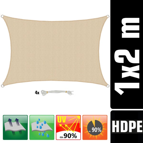 Rechteckiges Sonnensegel aus Polyethylen, 1 mal 2 Meter, circa 90 Prozent Schattierung und Ultraviolett-Schutz, wasserdurchlässig, mit 4 Seilen.