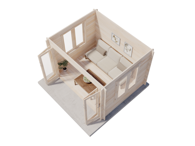 Hell eingerichtetes Gartenhaus aus Holz in Blockbohlenbauweise mit Sofa, Couchtisch und offenen Doppeltüren in der Draufsicht.