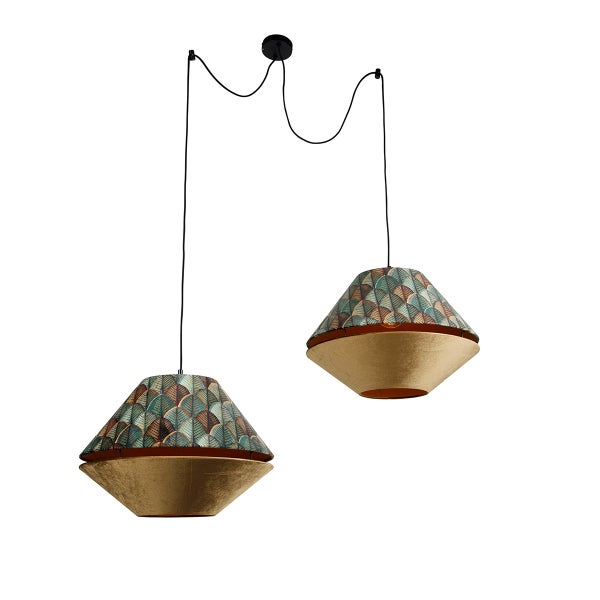 Pendelleuchte schwarz mit doppeltem Samt Lampenschirm Blattdesign und Beige 2-Lichter - Cava Luxe