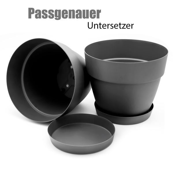BigDean 3 Stück Blumentopf mit Untersetzer rund ø40 cm in Anthrazit – Übertopf innen + außen geeignet – aus bruchsicherem Kunststoff & Made in Europe
