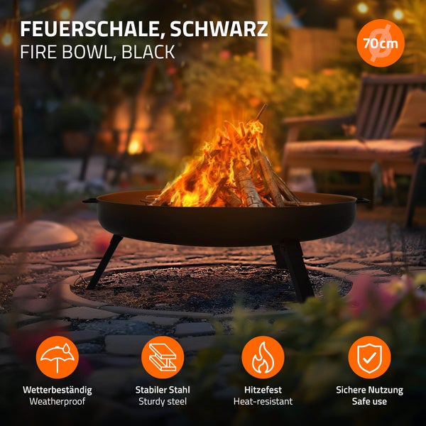 ECD Germany Feuerschale Ø70 x 27 cm mit 3 klappbaren Füßen, Dreibein Feuerstelle für den Garten, Stahl Feuerkorb rund mit 2 Griffen & 2 Entwässerungslöcher, Outdoor Eisenschale Feuertonne BBQ Camping