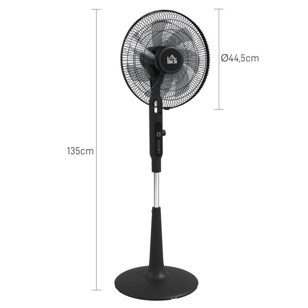 Schwarzer Standventilator mit einem Durchmesser von 44,5 Zentimeter und einer Höhe von 135 Zentimeter, mit digitalem Display.