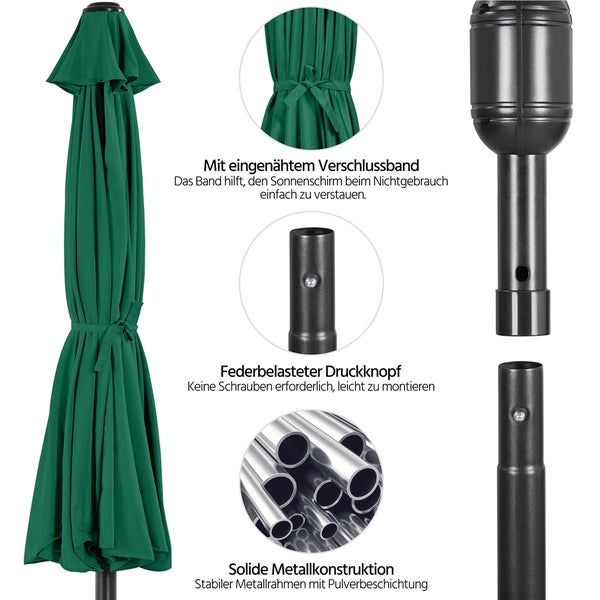 Geschlossener grüner Sonnenschirm mit Verschlussband, Druckknopf und pulverbeschichtetem Metallrahmen.