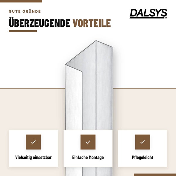 Dalsys Fliesenprofil als Eckschutzprofil aus Metall mit Informationen zu den Vorteilen wie vielseitige Einsetzbarkeit und einfache Montage.